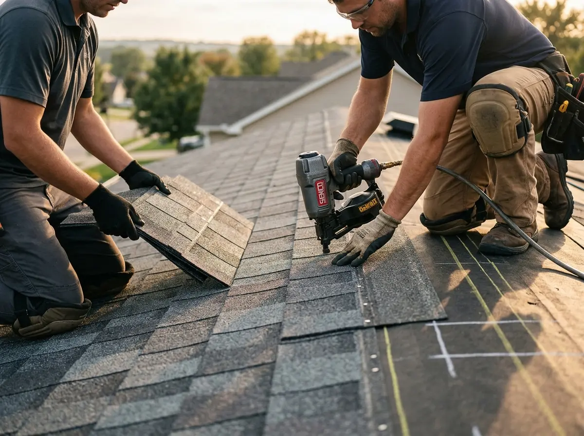 Professional roofer working on a residential roof in Northfield